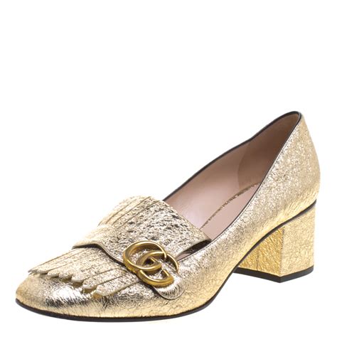 gucci womens heel gold dress shoe|Gucci gold block heels.